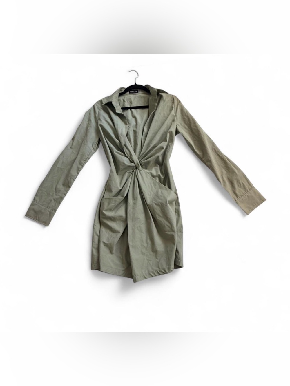 PrettyLittleThing sage green deep v neck  long sleeve mini dress 6